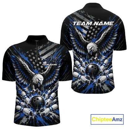 Custom Black And Blue Patriotic Eagle Bowling League Men Quarter Zip Shirt, Team Jersey IPHW12354