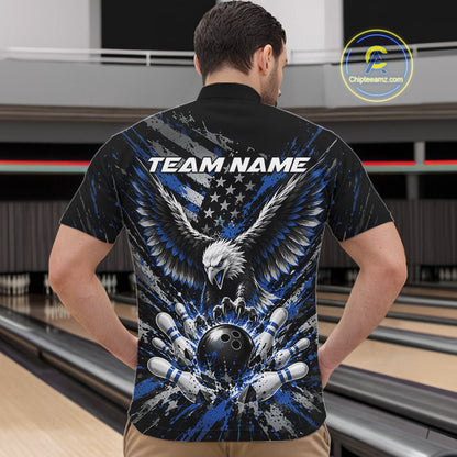 Custom Black And Blue Patriotic Eagle Bowling League Men Quarter Zip Shirt, Team Jersey IPHW12354