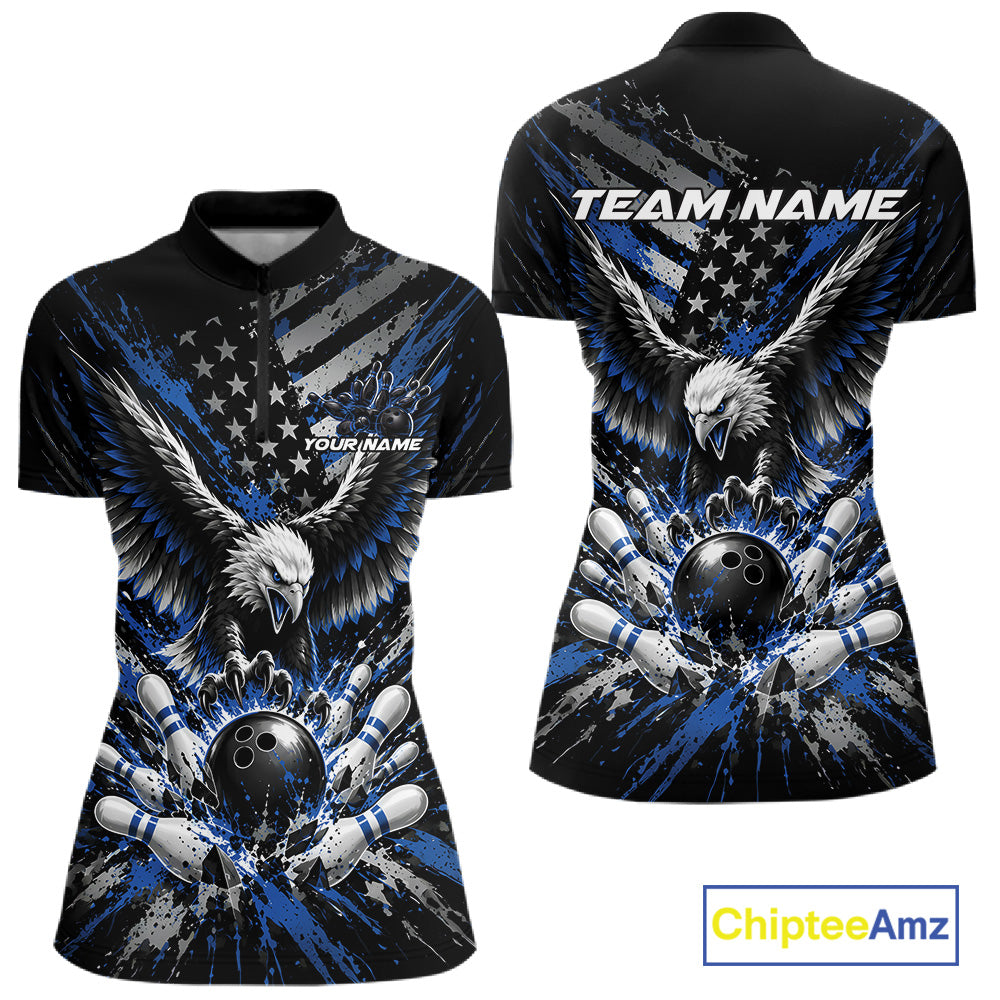 Custom Black And Blue Patriotic Eagle Bowling  Women Quarter-Zip Shirt, Team Jersey IPHW12354