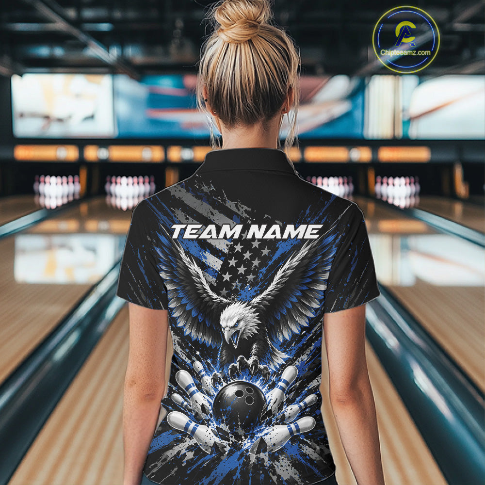 Custom Black And Blue Patriotic Eagle Bowling  Women Quarter-Zip Shirt, Team Jersey IPHW12354