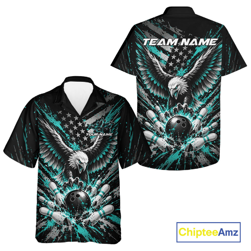 Custom Turquoise Blue Patriotic Eagle Bowling League Men And Women Button Up Shirt, Team Jersey IPHW12355