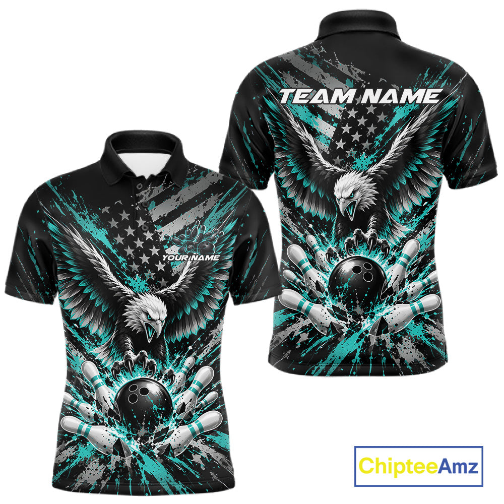 Custom Turquoise Blue Patriotic Eagle Bowling League Men Polo Shirt, Team Jersey IPHW12355