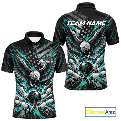 Custom Turquoise Blue Patriotic Eagle Bowling League Men Polo Shirt, Team Jersey IPHW12355