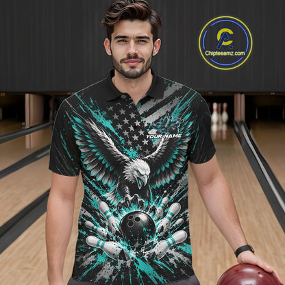 Custom Turquoise Blue Patriotic Eagle Bowling League Men Polo Shirt, Team Jersey IPHW12355