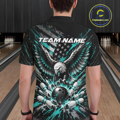 Custom Turquoise Blue Patriotic Eagle Bowling League Men Polo Shirt, Team Jersey IPHW12355