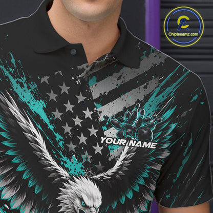 Custom Turquoise Blue Patriotic Eagle Bowling League Men Polo Shirt, Team Jersey IPHW12355