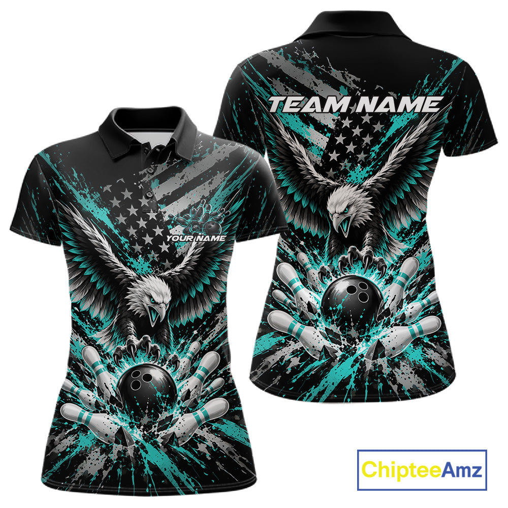 Custom Turquoise Blue Patriotic Eagle Bowling League Women Polo Shirt, Team Jersey IPHW12355