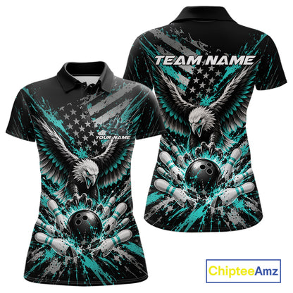 Custom Turquoise Blue Patriotic Eagle Bowling League Women Polo Shirt, Team Jersey IPHW12355
