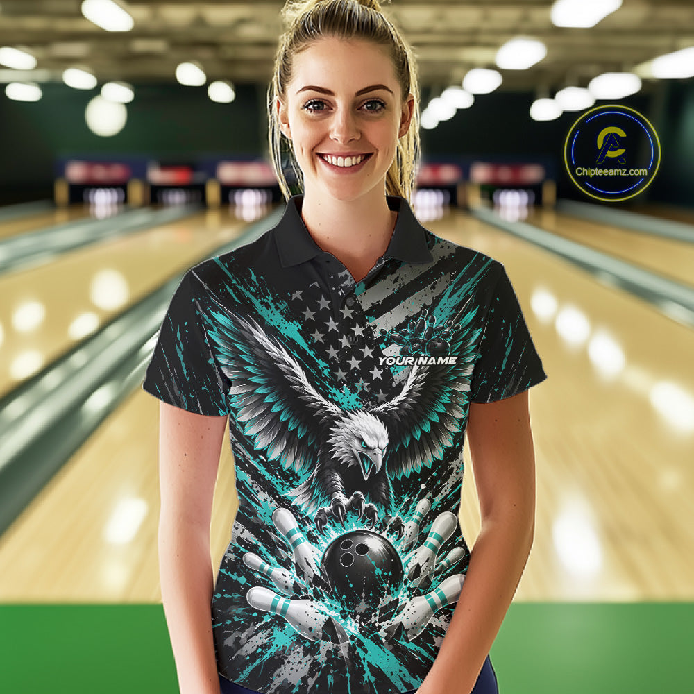 Custom Turquoise Blue Patriotic Eagle Bowling League Women Polo Shirt, Team Jersey IPHW12355