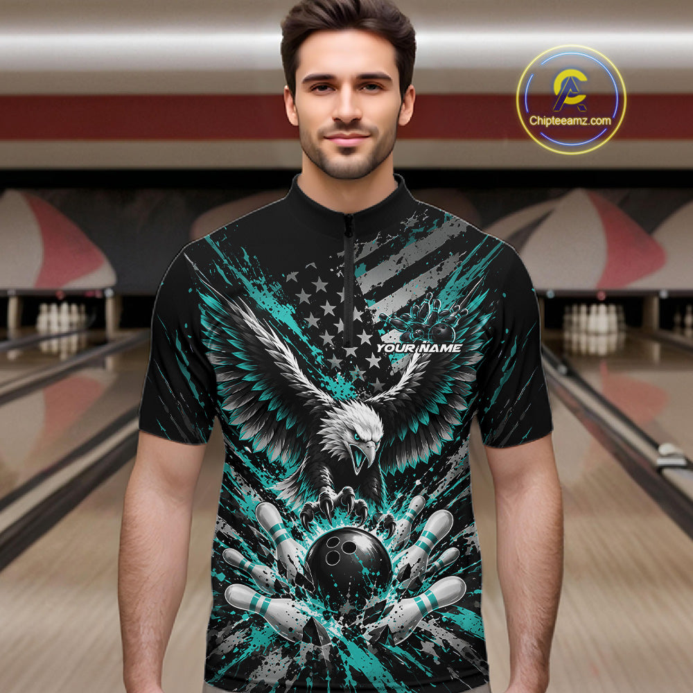 Custom Turquoise Blue Patriotic Eagle Bowling League Men Quarter Zip Shirt, Team Jersey IPHW12355