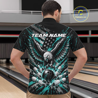 Custom Turquoise Blue Patriotic Eagle Bowling League Men Quarter Zip Shirt, Team Jersey IPHW12355