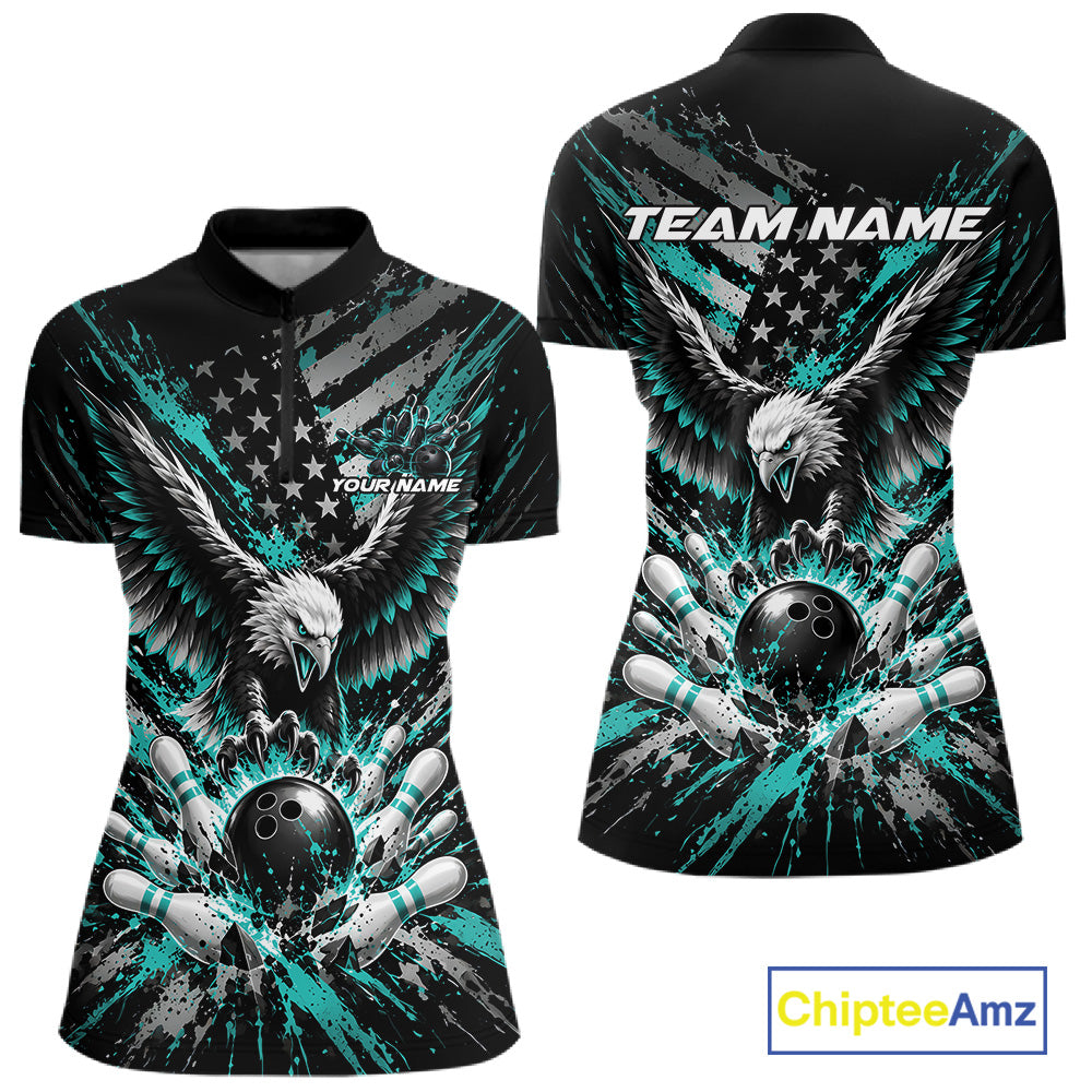 Custom Turquoise Blue Patriotic Eagle Bowling  Women Quarter-Zip Shirt, Team Jersey IPHW12355