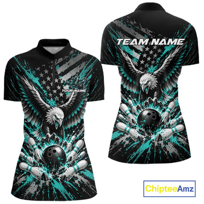 Custom Turquoise Blue Patriotic Eagle Bowling  Women Quarter-Zip Shirt, Team Jersey IPHW12355