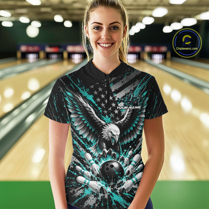Custom Turquoise Blue Patriotic Eagle Bowling  Women Quarter-Zip Shirt, Team Jersey IPHW12355