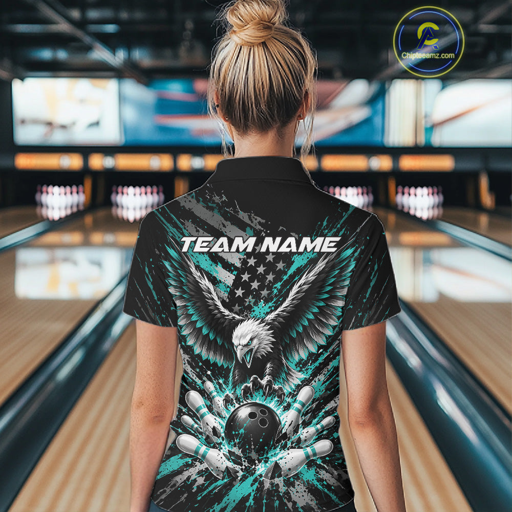Custom Turquoise Blue Patriotic Eagle Bowling  Women Quarter-Zip Shirt, Team Jersey IPHW12355
