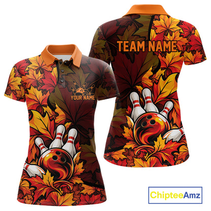 Custom Autumn Maple Leaf Thanksgiving Bowling Women Polo Shirt Bowler Outfit IPHW12800