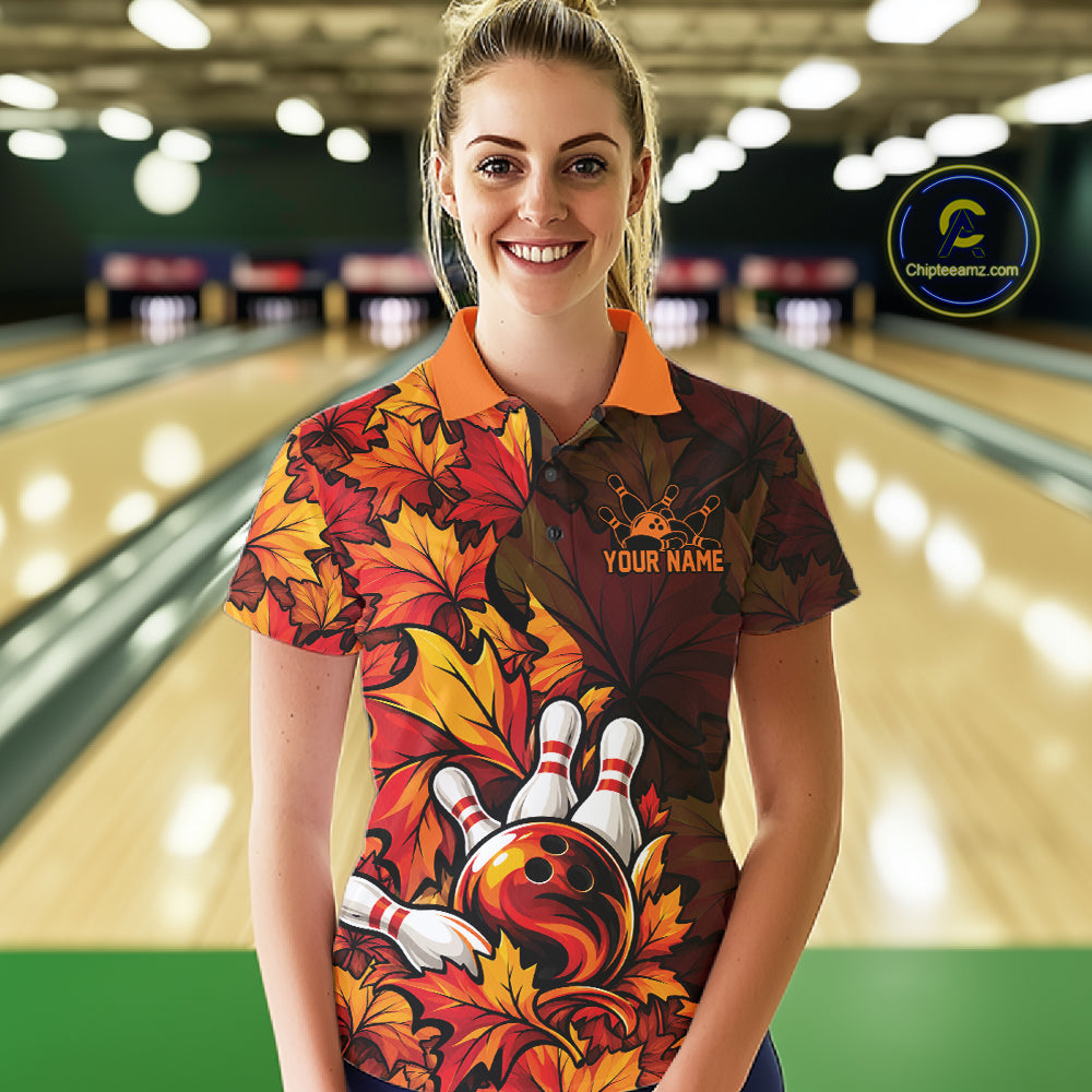 Custom Autumn Maple Leaf Thanksgiving Bowling Women Polo Shirt Bowler Outfit IPHW12800