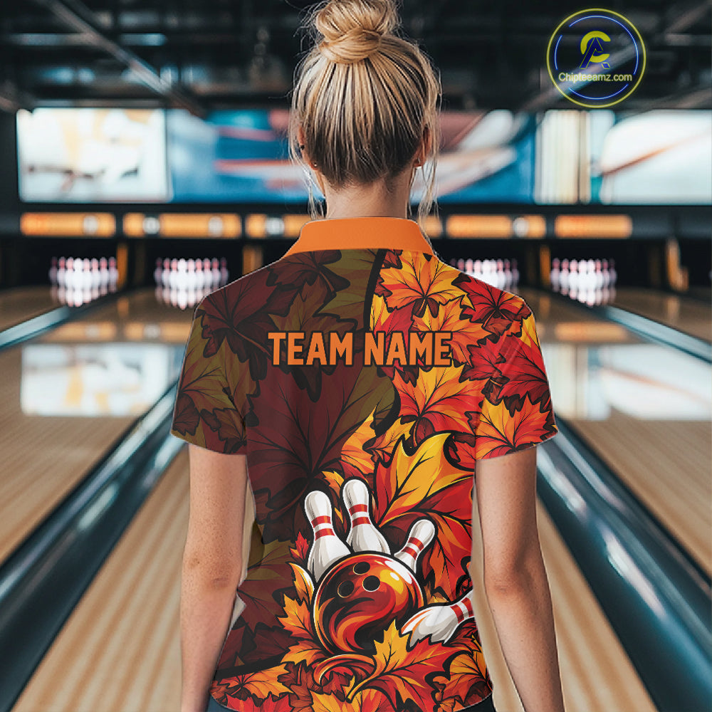 Custom Autumn Maple Leaf Thanksgiving Bowling Women Polo Shirt Bowler Outfit IPHW12800