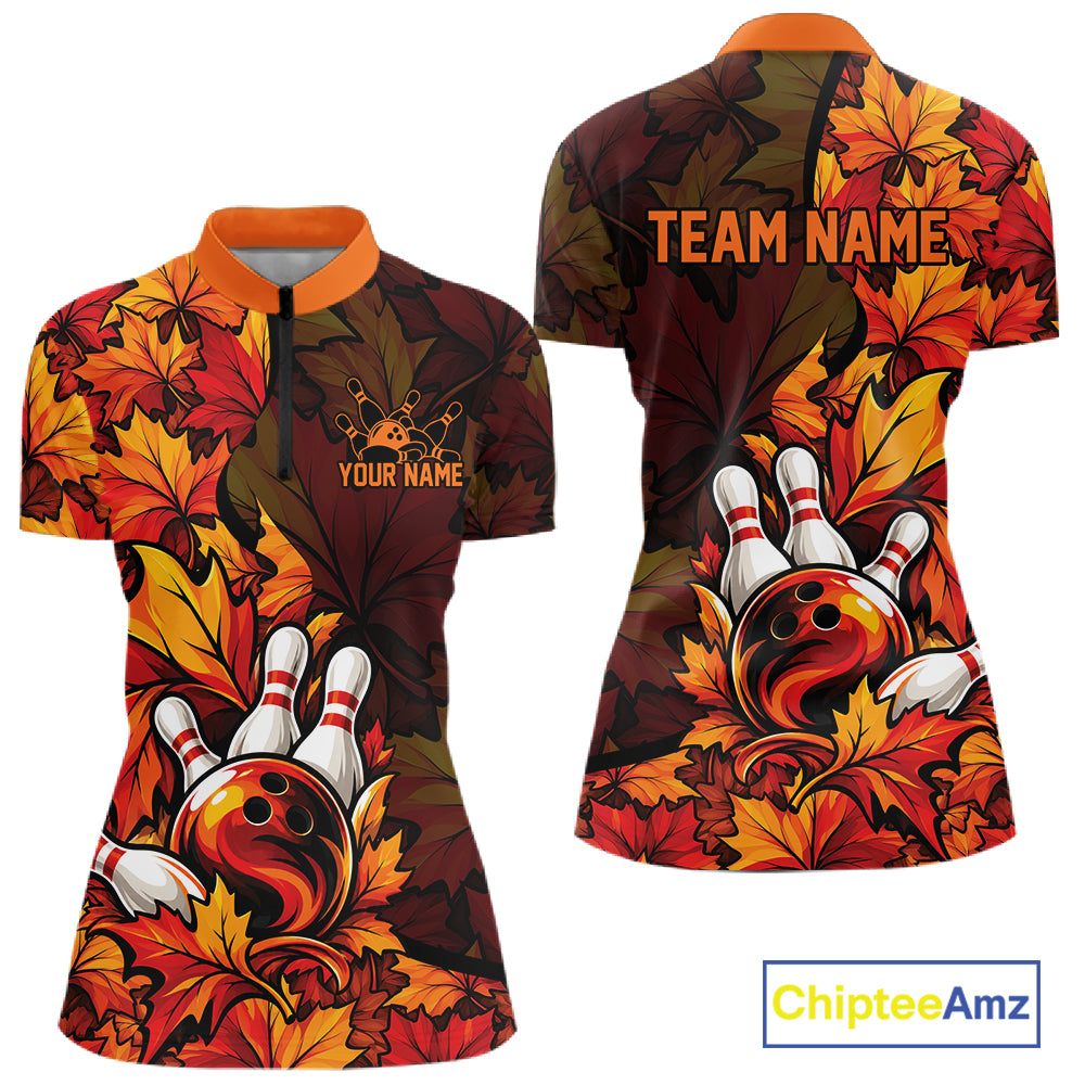 Custom Autumn Maple Leaf Thanksgiving Bowling Women Quarter-Zip Shirt Bowler Outfit IPHW12800