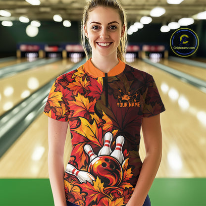 Custom Autumn Maple Leaf Thanksgiving Bowling Women Quarter-Zip Shirt Bowler Outfit IPHW12800