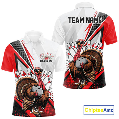Custom Red Funny Turkey Thanksgiving Bowling Men Polo Shirt, Bowling League Uniform IPHW12804