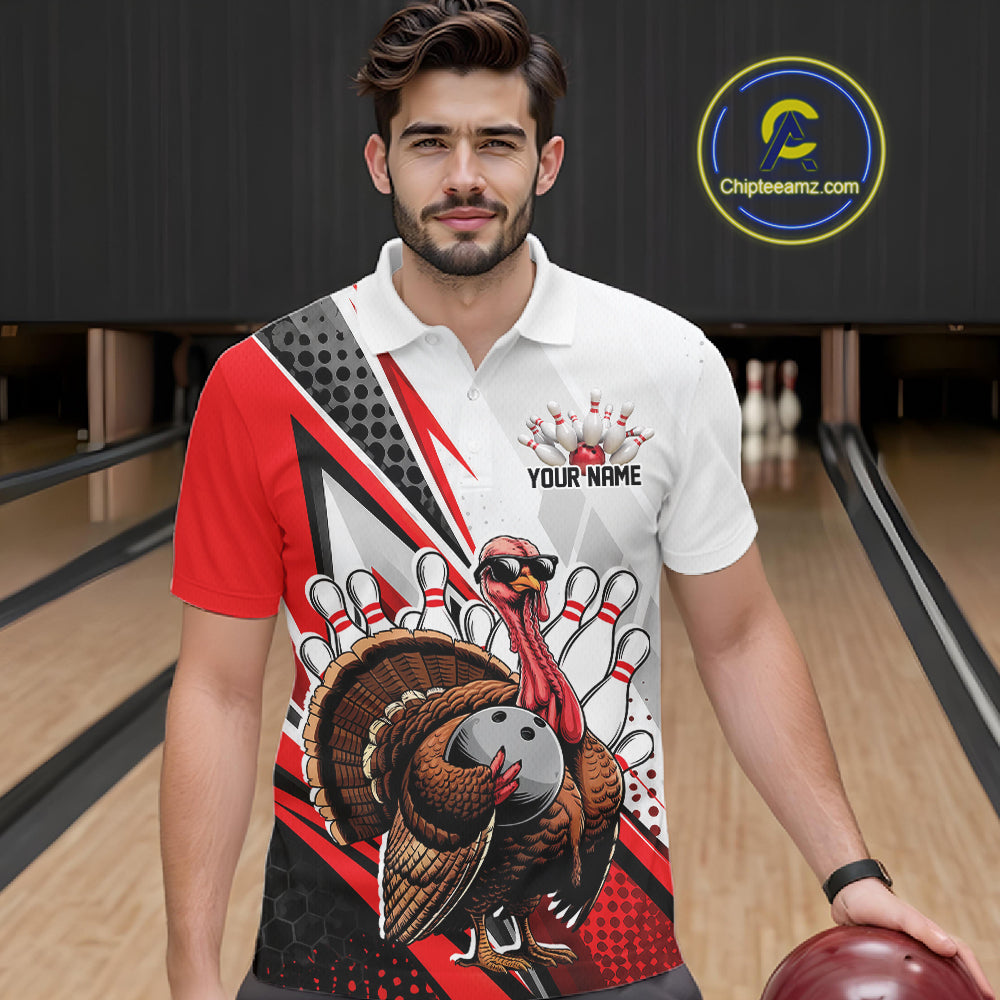 Custom Red Funny Turkey Thanksgiving Bowling Men Polo Shirt, Bowling League Uniform IPHW12804