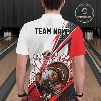 Custom Red Funny Turkey Thanksgiving Bowling Men Polo Shirt, Bowling League Uniform IPHW12804