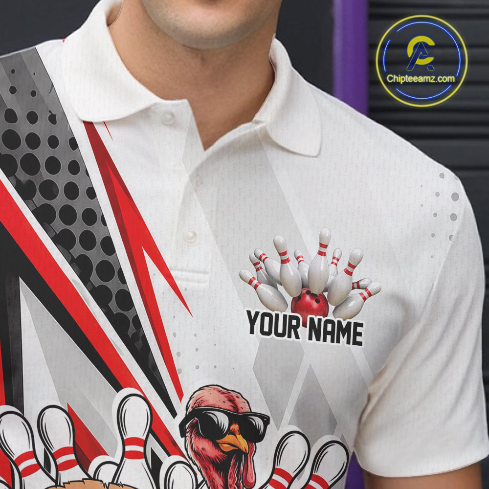 Custom Red Funny Turkey Thanksgiving Bowling Men Polo Shirt, Bowling League Uniform IPHW12804