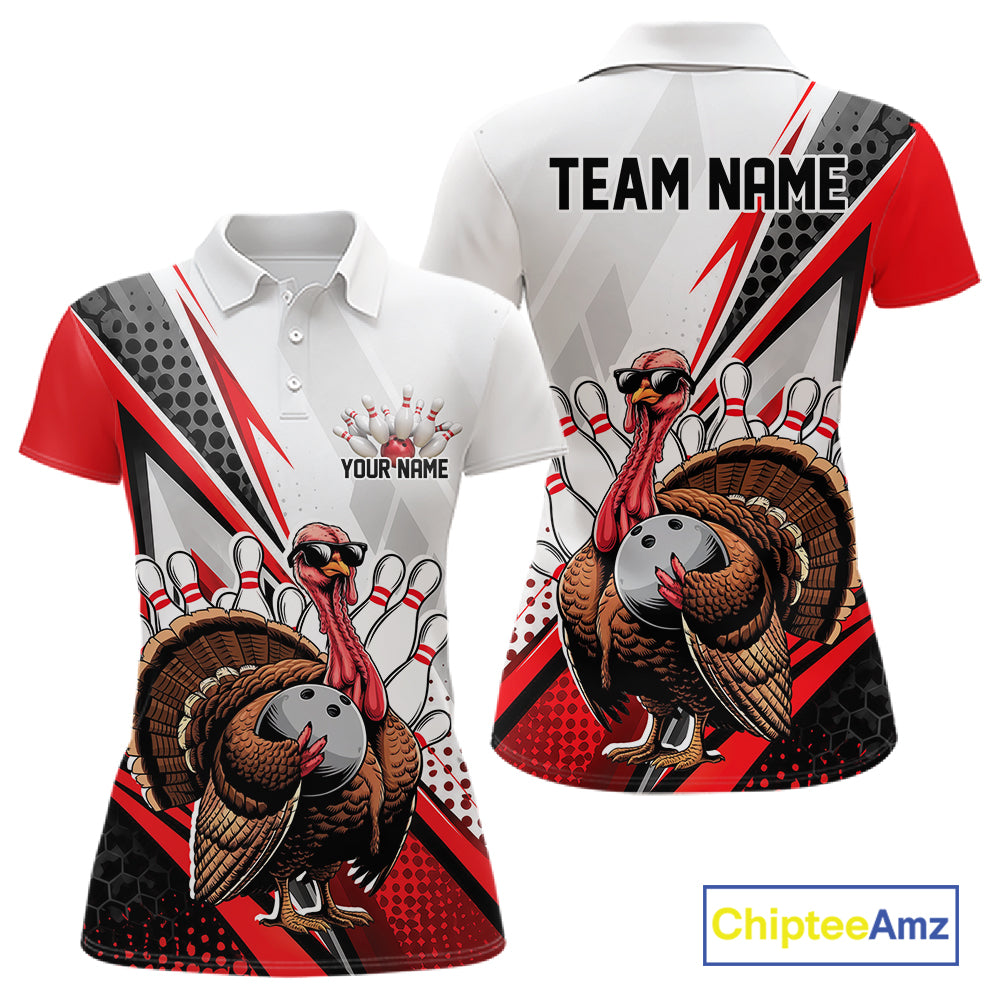 Custom Red Funny Turkey Thanksgiving Bowling Women Polo Shirt, Bowling League Uniform IPHW12804