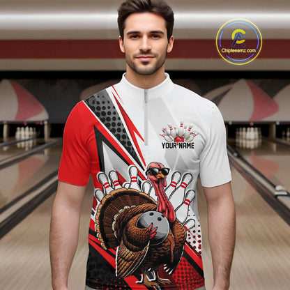 Custom Red Funny Turkey Thanksgiving Bowling Men Quarter Zip Shirt, Bowling League Uniform IPHW12804