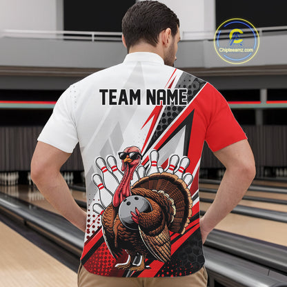 Custom Red Funny Turkey Thanksgiving Bowling Men Quarter Zip Shirt, Bowling League Uniform IPHW12804