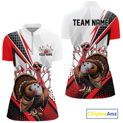 Custom Red Funny Turkey Thanksgiving Bowling Women Quarter-Zip Bowling League Shirt IPHW12804