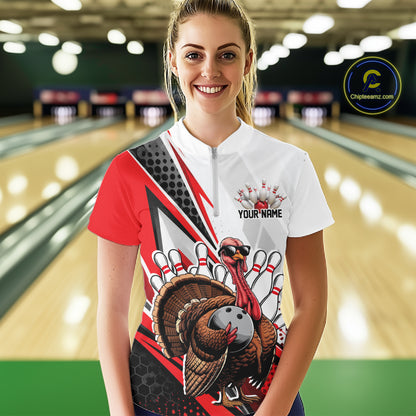 Custom Red Funny Turkey Thanksgiving Bowling Women Quarter-Zip Bowling League Shirt IPHW12804