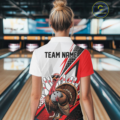 Custom Red Funny Turkey Thanksgiving Bowling Women Quarter-Zip Bowling League Shirt IPHW12804
