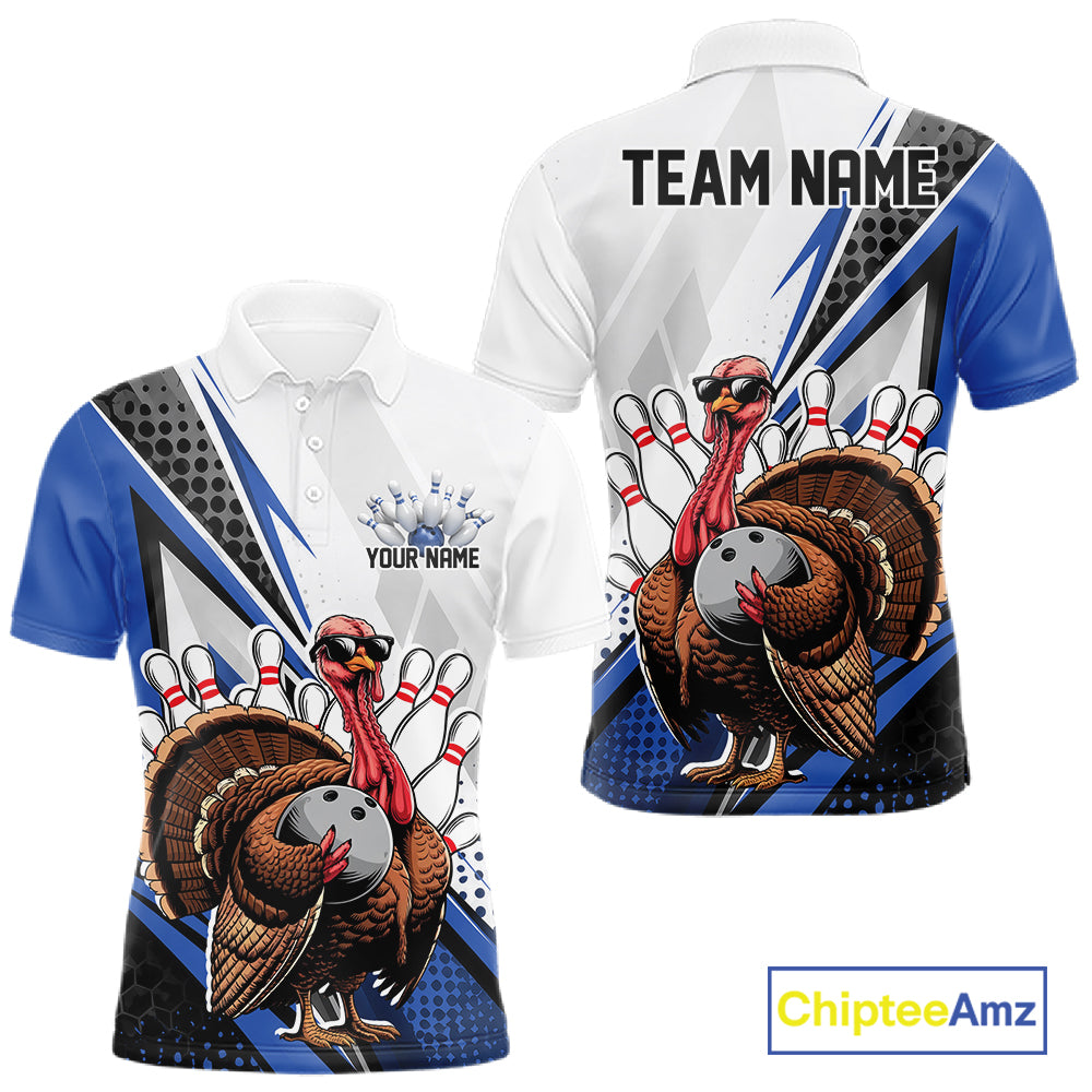 Custom Blue Funny Turkey Thanksgiving Bowling Men Polo Shirt, Bowling League Uniform IPHW12805