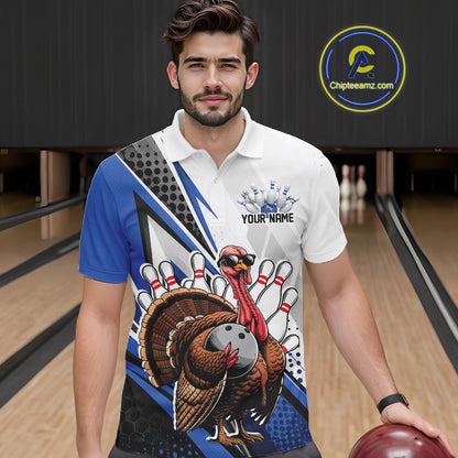 Custom Blue Funny Turkey Thanksgiving Bowling Men Polo Shirt, Bowling League Uniform IPHW12805