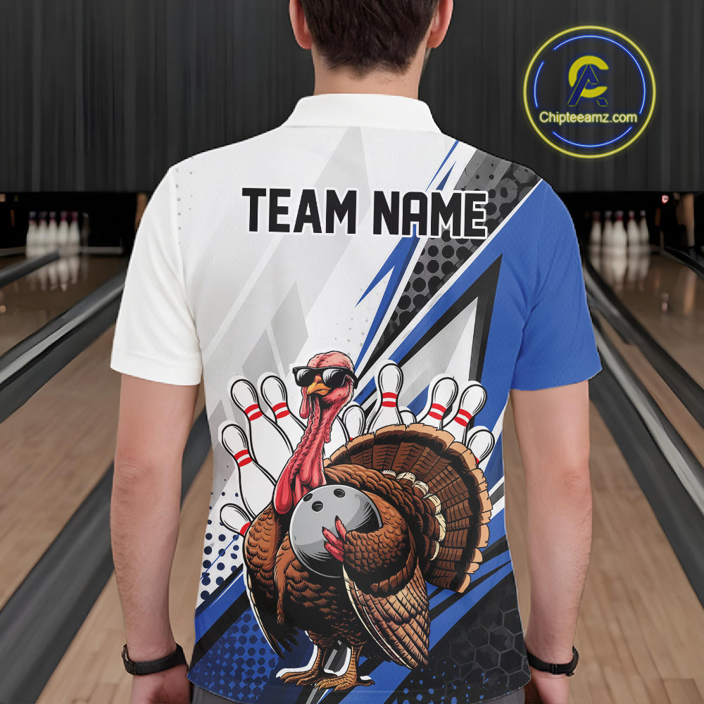 Custom Blue Funny Turkey Thanksgiving Bowling Men Polo Shirt, Bowling League Uniform IPHW12805