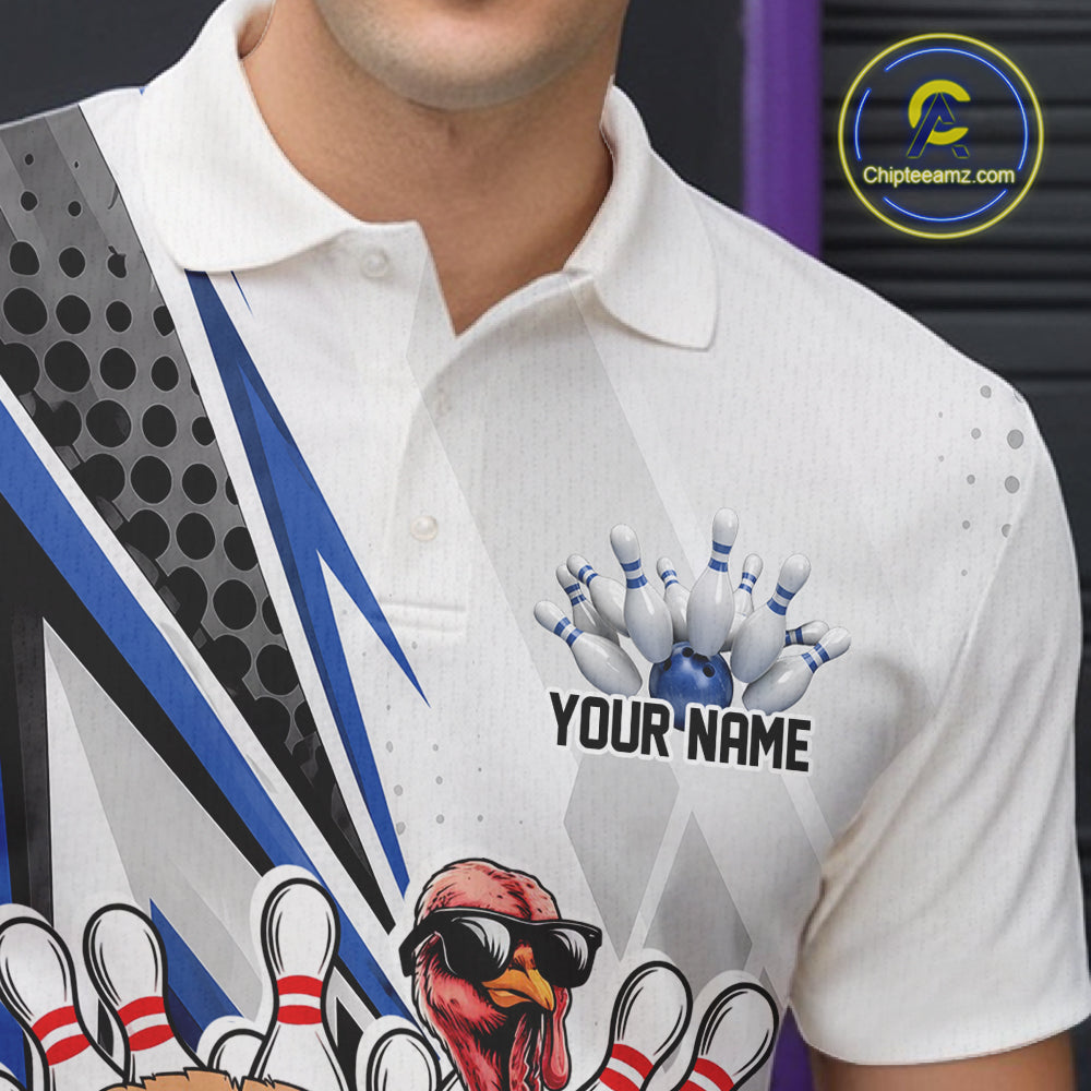 Custom Blue Funny Turkey Thanksgiving Bowling Men Polo Shirt, Bowling League Uniform IPHW12805