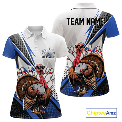 Custom Blue Funny Turkey Thanksgiving Bowling Women Polo Shirt, Bowling League Uniform IPHW12805
