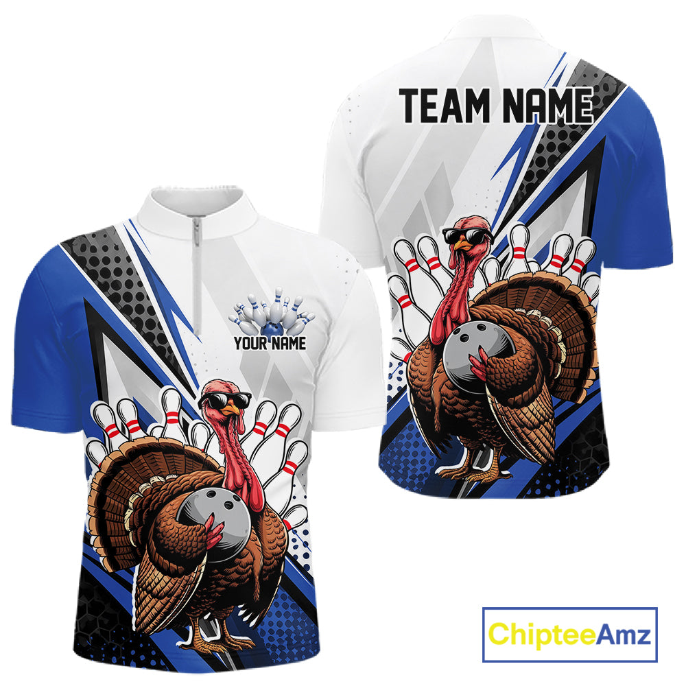 Custom Blue Funny Turkey Thanksgiving Bowling Men Quarter Zip Shirt, Bowling League Uniform IPHW12805