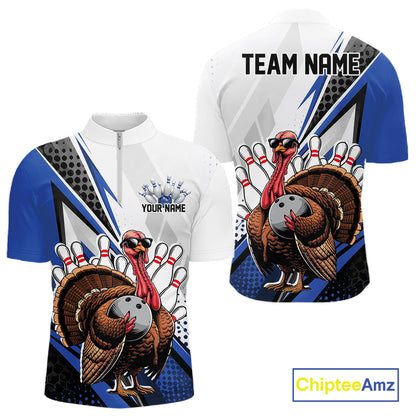 Custom Blue Funny Turkey Thanksgiving Bowling Men Quarter Zip Shirt, Bowling League Uniform IPHW12805