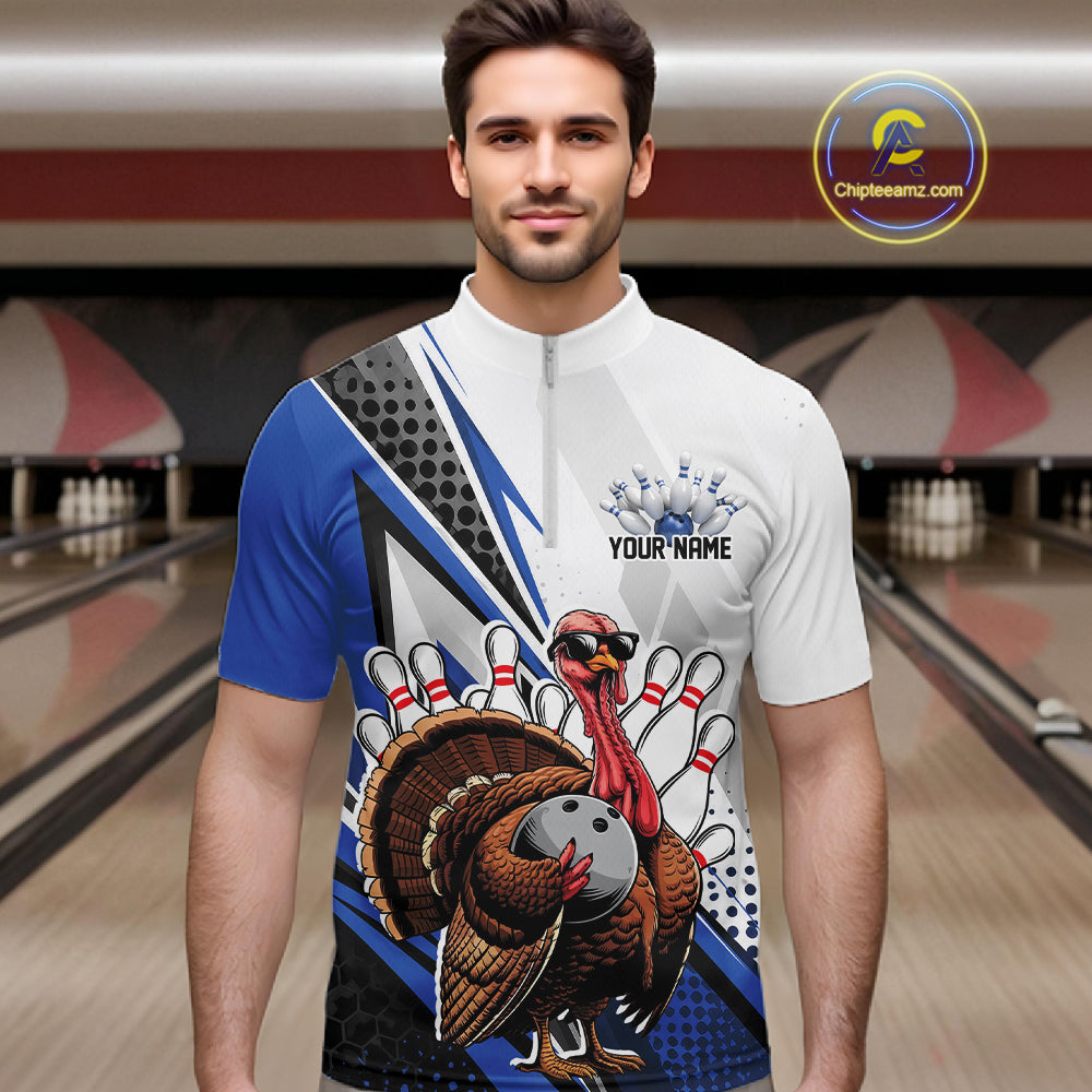 Custom Blue Funny Turkey Thanksgiving Bowling Men Quarter Zip Shirt, Bowling League Uniform IPHW12805