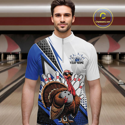 Custom Blue Funny Turkey Thanksgiving Bowling Men Quarter Zip Shirt, Bowling League Uniform IPHW12805