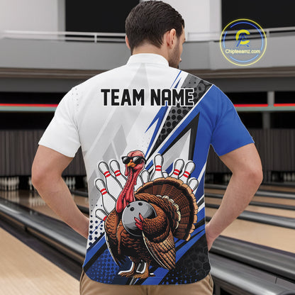 Custom Blue Funny Turkey Thanksgiving Bowling Men Quarter Zip Shirt, Bowling League Uniform IPHW12805