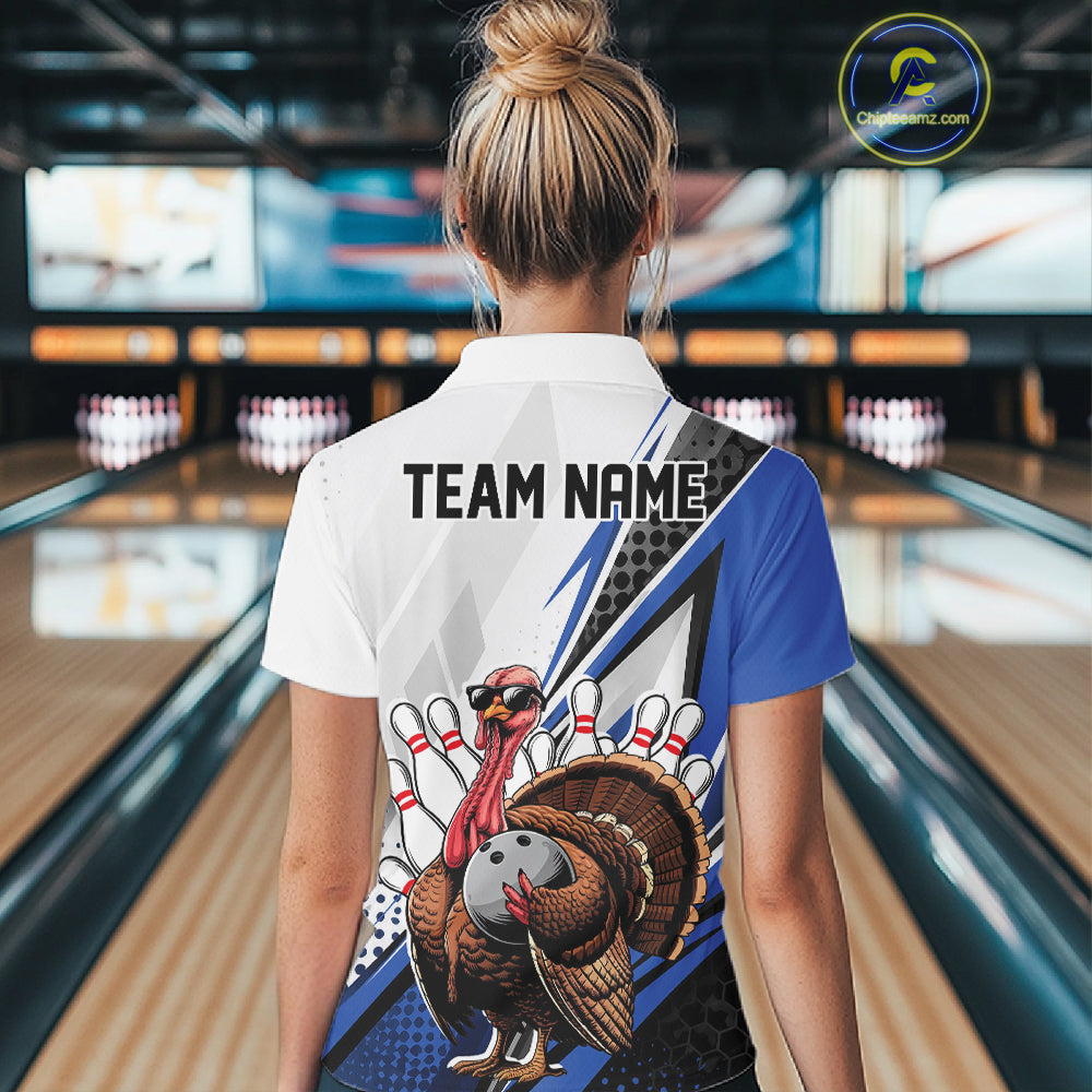 Custom Blue Funny Turkey Thanksgiving Bowling Women Quarter-Zip Bowling League Shirt IPHW12805