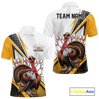 Custom Yellow Funny Turkey Thanksgiving Bowling Men Polo Shirt, Bowling League Uniform IPHW12806
