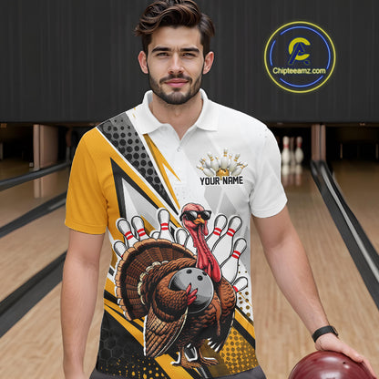 Custom Yellow Funny Turkey Thanksgiving Bowling Men Polo Shirt, Bowling League Uniform IPHW12806