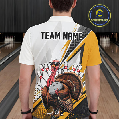 Custom Yellow Funny Turkey Thanksgiving Bowling Men Polo Shirt, Bowling League Uniform IPHW12806