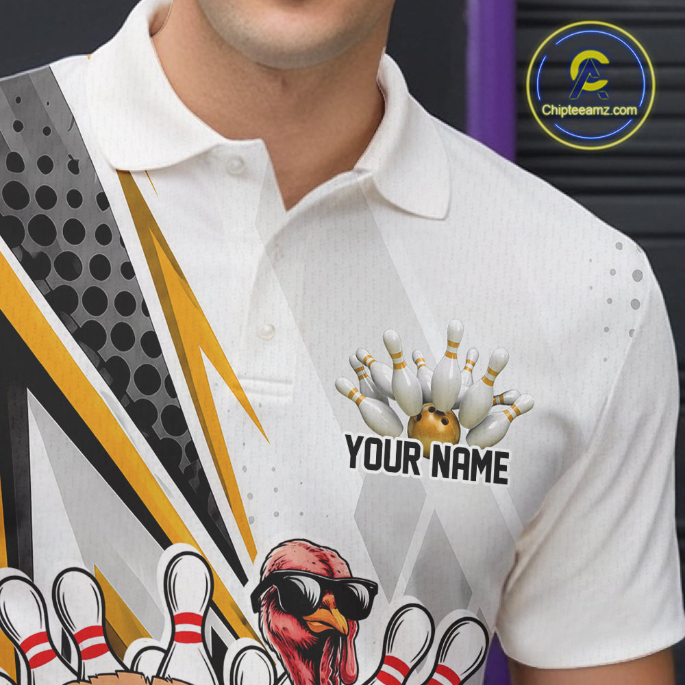 Custom Yellow Funny Turkey Thanksgiving Bowling Men Polo Shirt, Bowling League Uniform IPHW12806