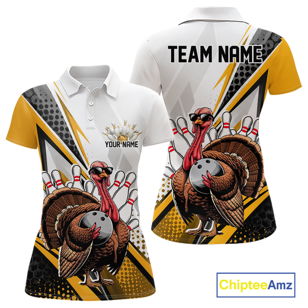 Custom Yellow Funny Turkey Thanksgiving Bowling Women Polo Shirt, Bowling League Uniform IPHW12806
